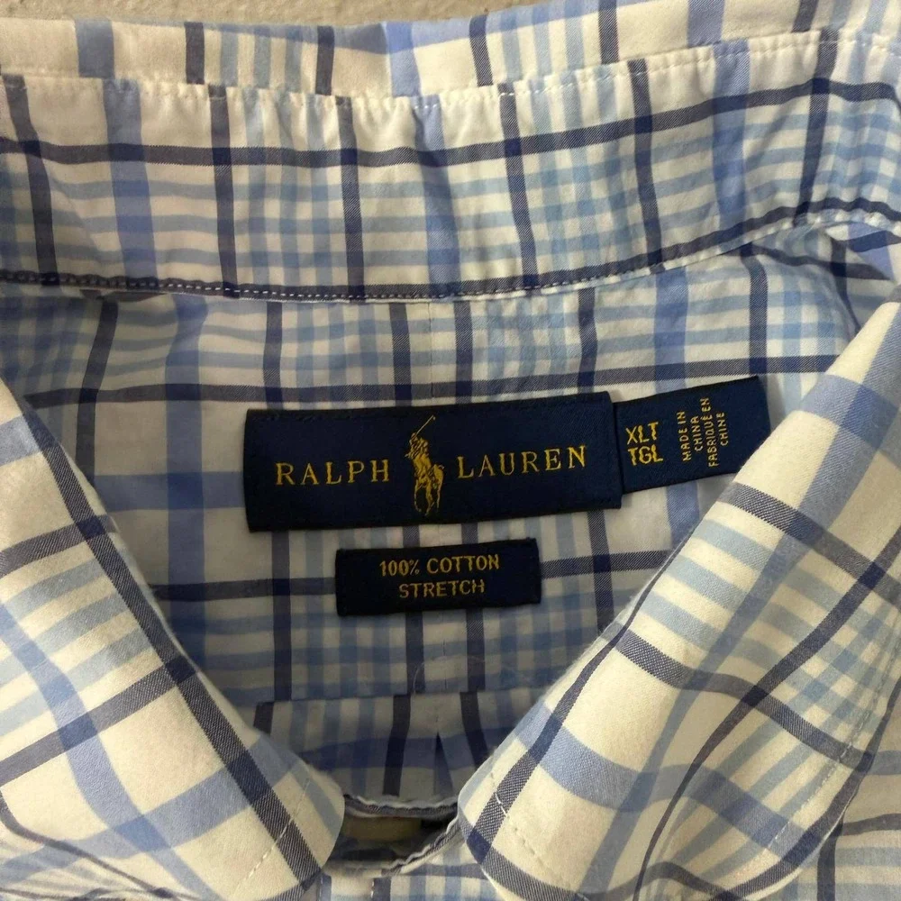 Polo Ralph Lauren Mens XLT Blue White Plaid Cotton Stretch Button Down Shirt